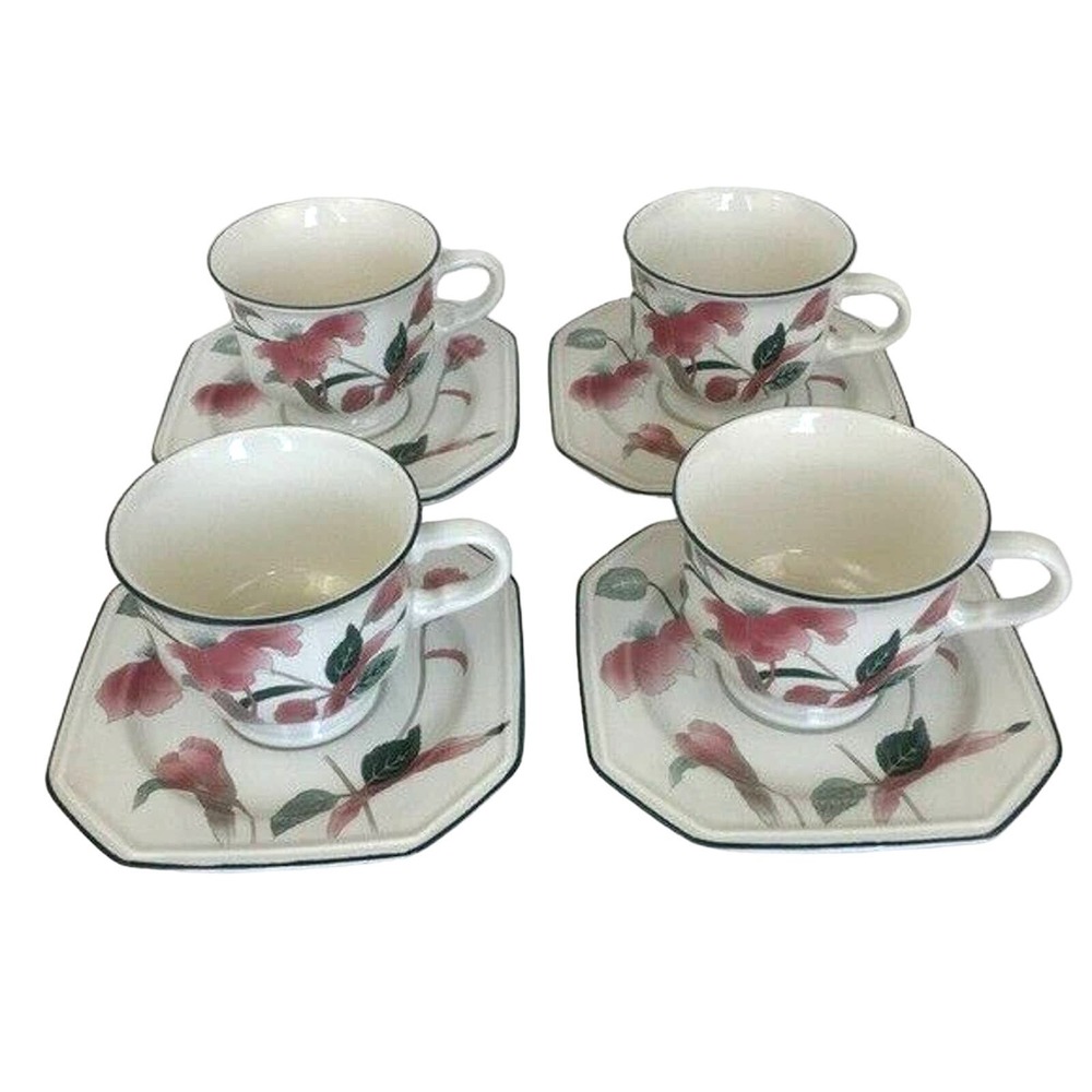 Mikasa Continental Tea Cup & Saucer Silk Flowers Set of 4, 8 Piece Octagon Japan